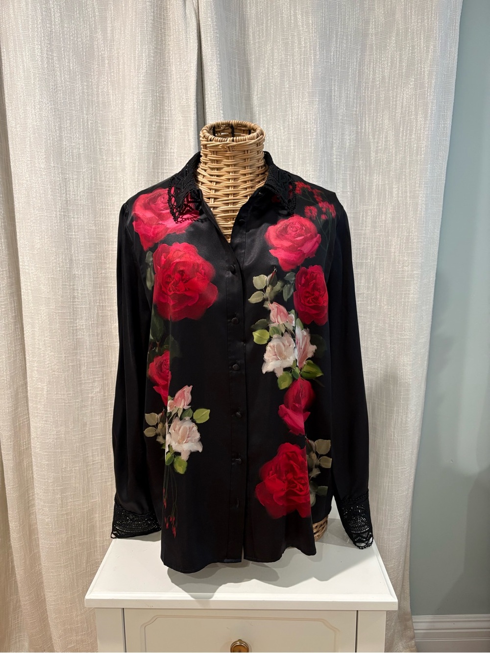 Jade Black Button-Down Blouse with Red and Pink Rose Print